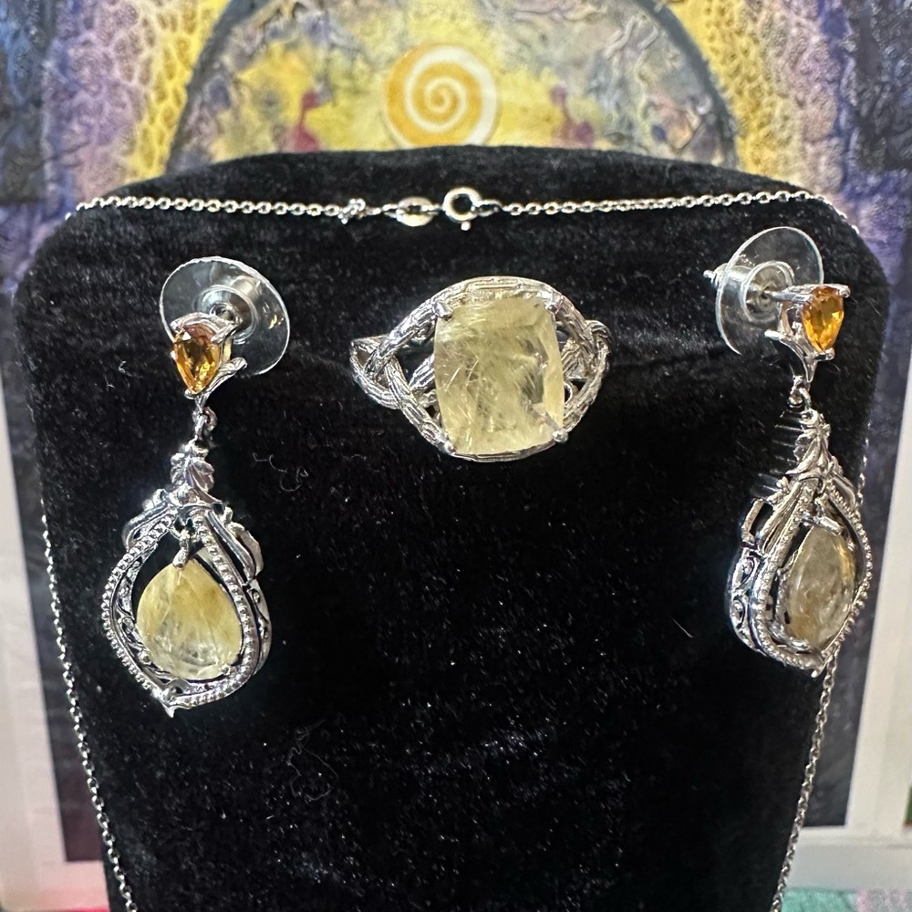 3 pc .925 Sterling Silver Citrine Quartz Necklace Gemstone Jewelry Set ring 8